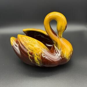 Vintage MCM Blue Mountain Pottery Swan Figurine Planter Brown and Yellow Drip